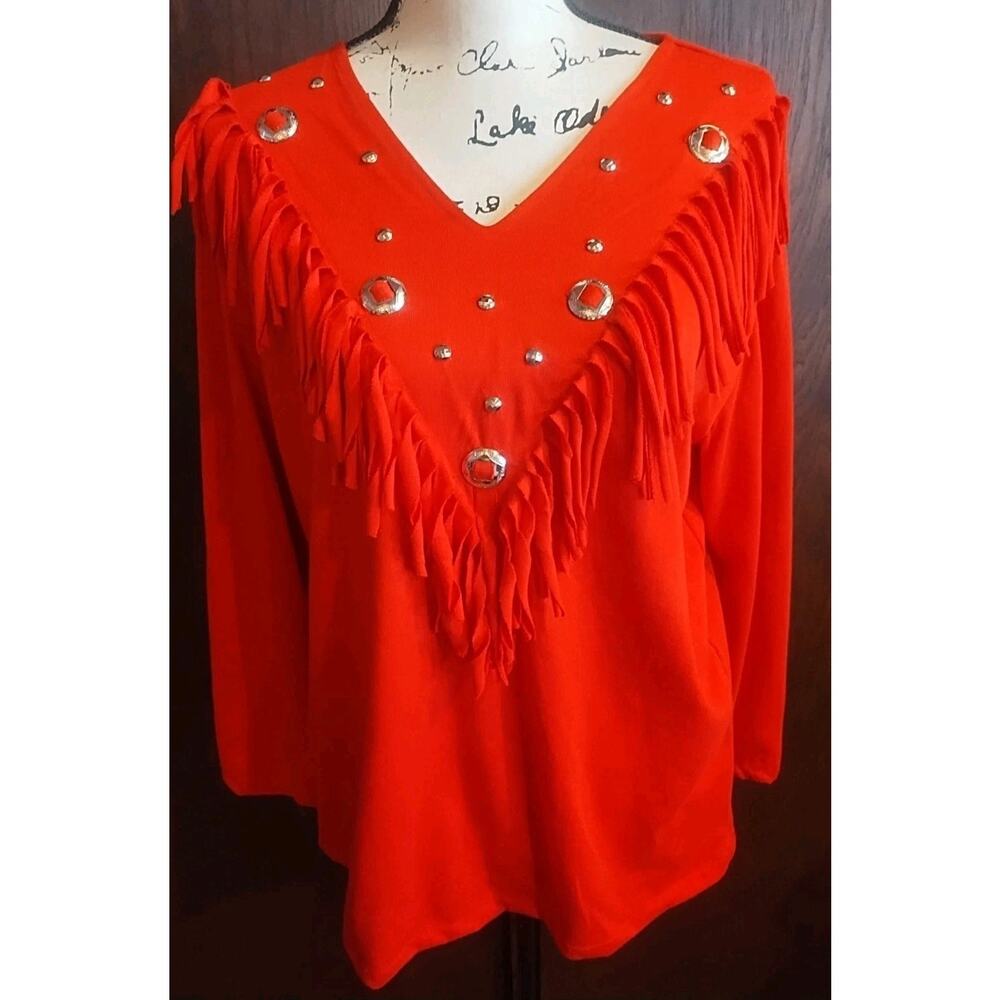 Sas'sa Western Fringe Top Womens Size Large Red Beaded Concho's Cowgirl Vintage